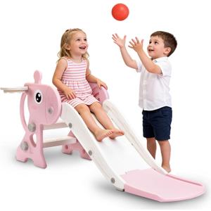 Kid Slide Indoor, Toddler Slide with Basketball Hoop and Ball, Outdoor Playset for Baby 2-5 Year Old (Pink Giraffe), Small