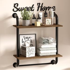 Bathroom Shelves Wall Mounted, Rustic Farmhouse Pipe Shelves, 2-Tier, Industrial Shelving, Floating Shelf Decor for Bathroom, Kitchen, Bedroom, Living Room Thanksgiving Day 17.3 inch (Brown)