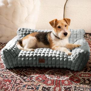 Cute Small Dog Couch Bed  Supportive & Fluffy Pet Sofa with Faux Rabbit Fur Washable Cover in 3D Diamond Pattern, 30" Grey