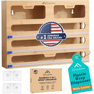 APSARAS USA 5 in 1 Bamboo Foil and Plastic Wrap Organizer for Kitchen Drawer, Ziplock Bag Organizer, Saran Wrap Dispenser with Cutter, Plastic Bag Organizer, Food Storage Bag Organization