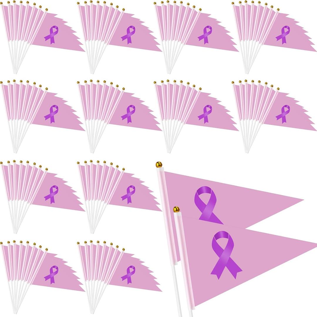 100 Pcs Cancer Awareness Purple Ribbon Handheld Flags Mini PVC Stick Flags for Breast Pancreatic Childhood Cancer, Alzheimer's, Domestic Violence, Fundraising, School, Rally Events