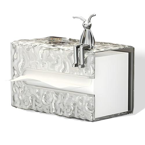 Wall-Mounted Acrylic Tissue Box with Crystal Glacier Texture, Waterproof Napkin Holder with Bunny Decor, No-Drill Bathroom Paper Dispenser for Sink & Vanity – 7''×5''×3.5''