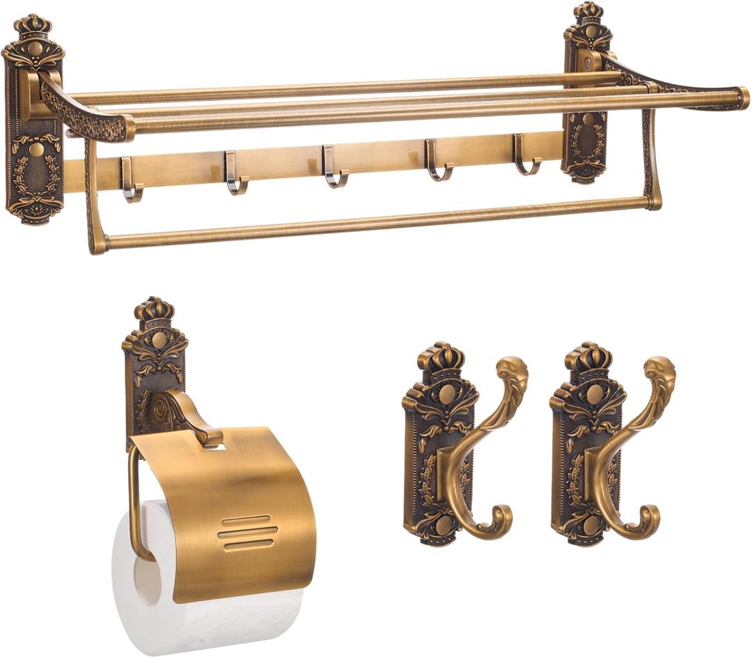 4-Pieces Vintage Bathroom Hardware Set 24 Inch Foldable Wall Mounted Towel Rack with Hooks, Toilet Paper Holder & 2 Wall Hook, Antique Brass Finish, Carving Design for Home, Hotel or Guest Bathroom