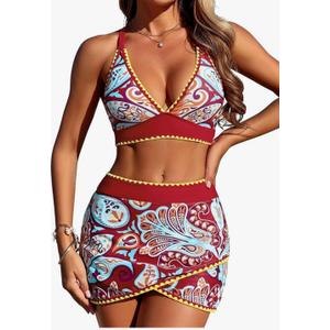 ZAFUL Women's High Waisted Bikini with Skirt Whip Stitch 2 Piece Swimsuits Tummy Control Bathing Suit, M