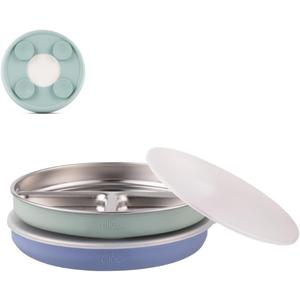 Elk and Friends Stainless Steel Divided Plates with Silicone Sleeve for Babies & Toddlers | Lids Included | Stay Put Suction | Dinner & Snack Plates | 2 Pack (Sage/Misty Blue)