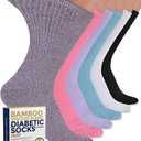 Pembrook Ribbed Knit Bamboo Viscose Diabetic Socks for Women - 6 Pairs | Crew Neuropathy Socks | Bright Colors Pack -Black, White, Light Blue, Blue, Purple, Pink (Large)