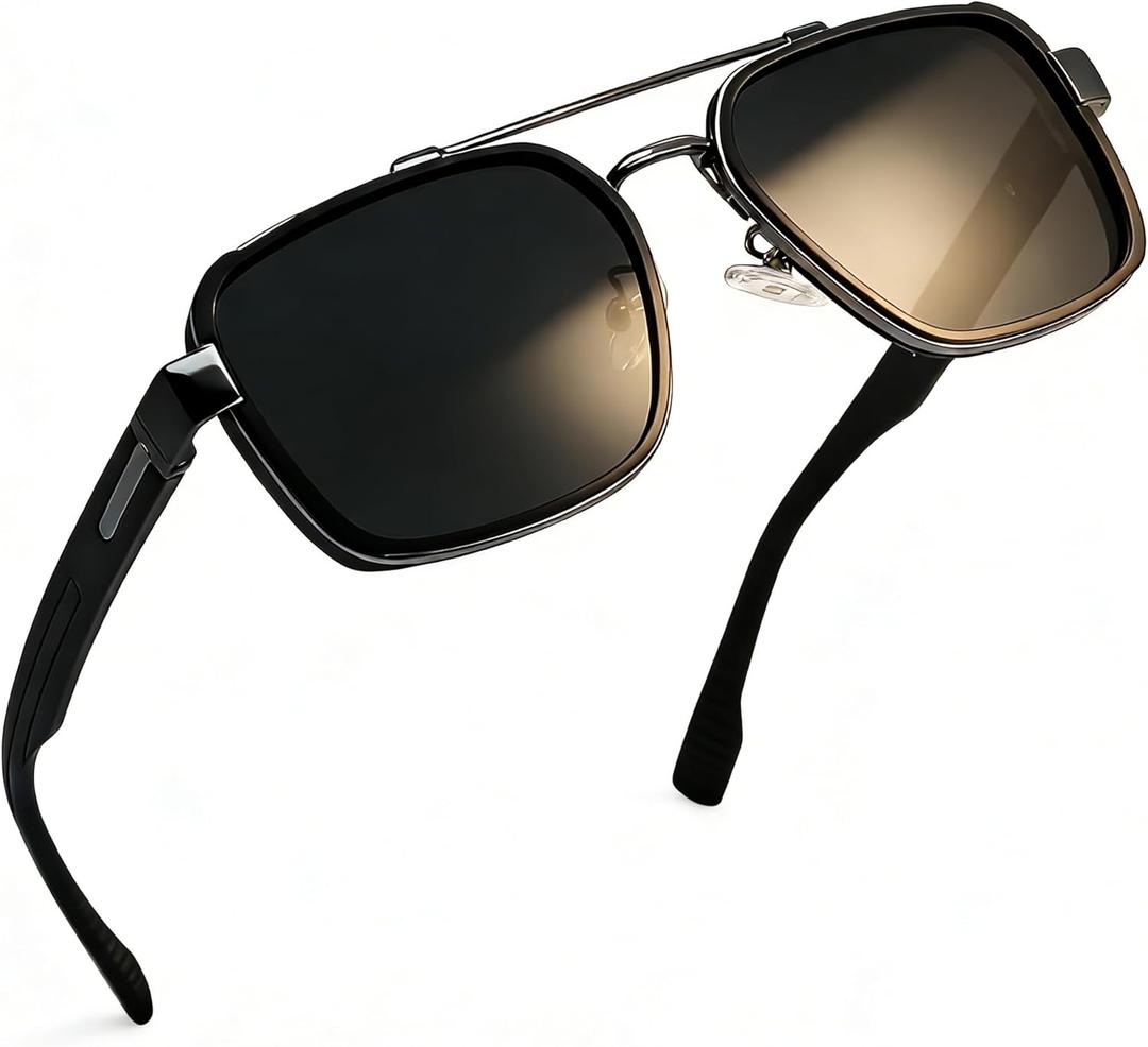 Joopin Square Aviator Sunglasses for Men Women Retro Pilot Sun Glasses Polarized UV Protection Double Bridge Shades (Black Frame Black Lens)