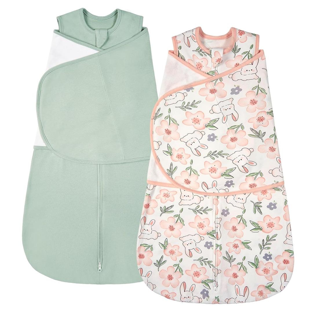 ZIGJOY Baby Swaddle Sleep Sack, 1.0 TOG Sleep Sack Swaddles for Newborns & infant 6-12 Months 100% Cotton Baby Wearable Blanket for Newborn Registry Essentials Green&Rabbit Flower