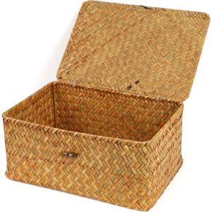 FEIALNDUO Wicker Shelf Baskets with Lid,Seagrass Storage Basket Bins Rectangular Handwoven Basket Boxes for Shelves Desktop Home Organizer (Natural, Large)