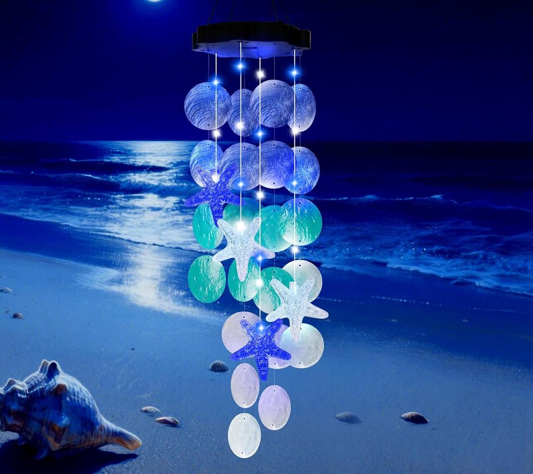 Solar Starfish Wind Chimes for Outside Mobile Shells Wind Chimes Hanging Decorative Lights for Holiday Garden Porch Yard Window Party Outdoor Decor, Gift for Mom Grandma Wife Girlfriend Neighbors (blue & white)