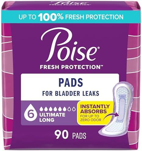 Poise Incontinence & Postpartum Pads for Bladder Leaks, 6 Drop Ultimate Absorbency, Long Length, 90 Count, Packaging May Vary