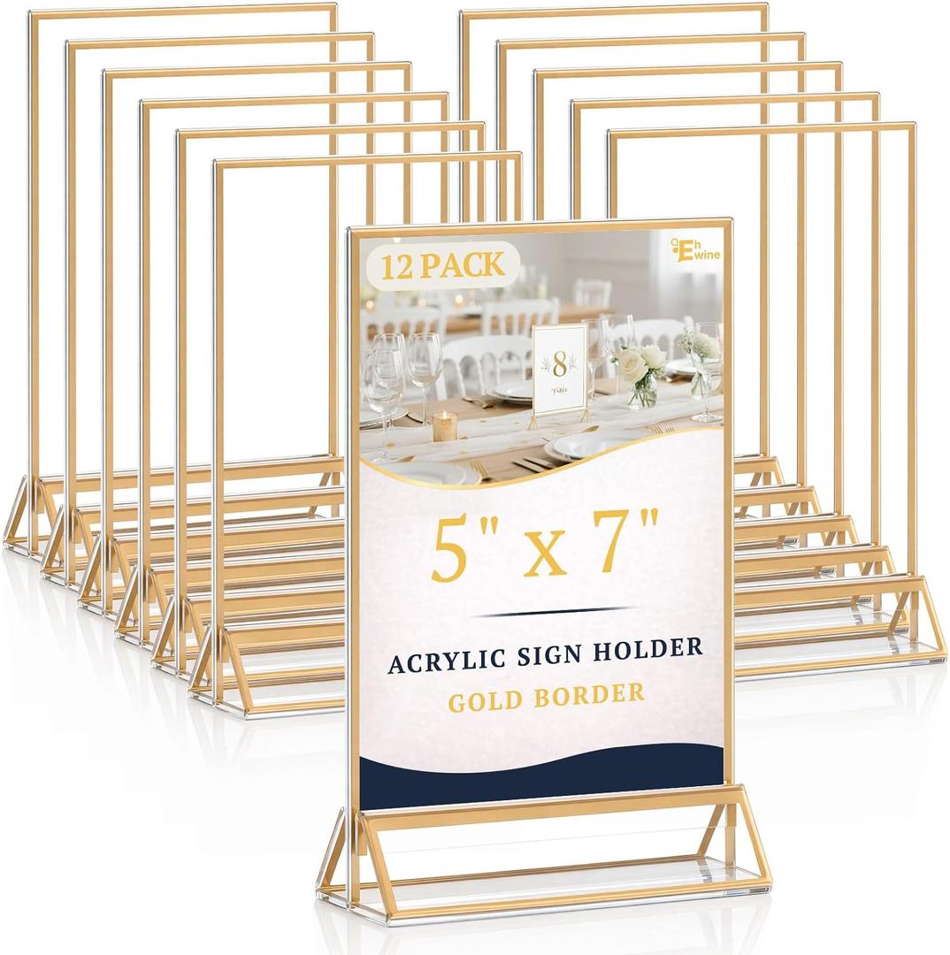 EHWINE 12 Pack Acrylic Sign Holder 5 x 7, Double Sided Gold Picture Frame Stand up Table Top Sign Holders, Clear Display Stand Menu Flyer Holder for Wedding Party (Provide Non-slip Mats)