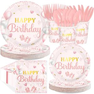 168Pcs Pink Happy Birthday Party Decorations Pink Rose Gold Plates Cups and Napkins Tableware Sets Glitter Decorations for Girls Women Birthday Wedding Anniversary Party Supplies Serves 24