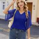 Uhiger 3/4 Length Sleeve Womens Tops V Neck Chiffon Blouse Dressy Casual Double Layered for Weekend Outings and Everyday Wear (X-Large, Royal Blue)