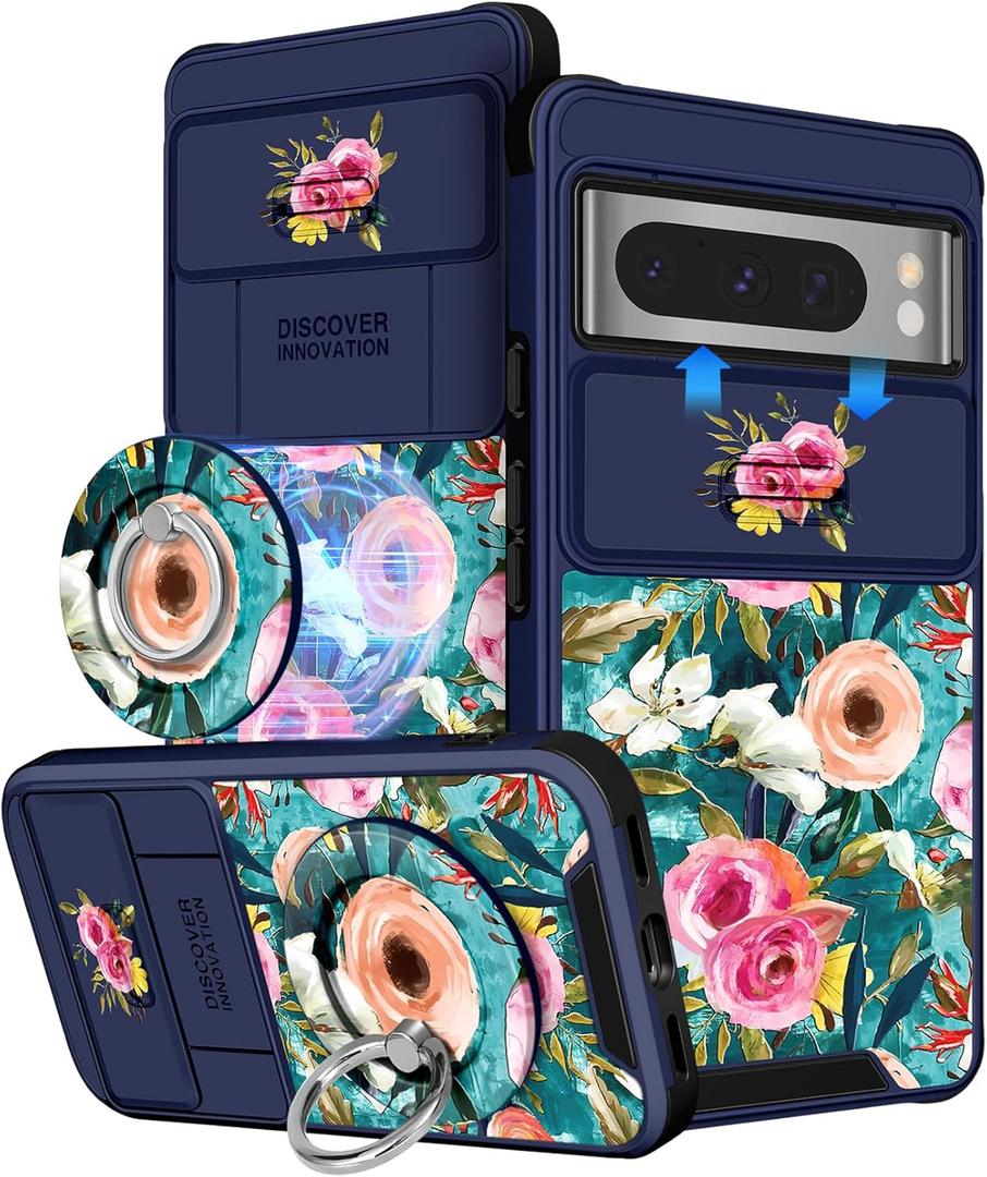 Buleens for Google Pixel 8 Pro Case 6.7 Inch - with Ring Stand & Camera Cover Aesthetic Cute Designed Women Girls Girly Pretty Unique Kawaii Flowers for Pixel 8 Pro Phone Case Compatible with Magsafe (Lake Blue Flowers)