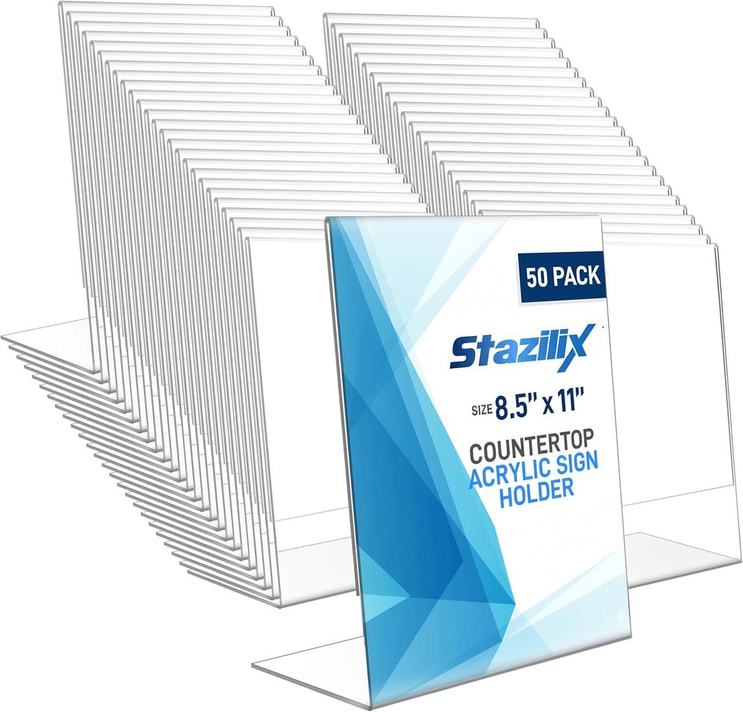 50 Pack Acrylic Sign Holder 8.5x11, Standing L-Shape Vertical Menu Holder Stand, Flyer Display Stand, Table Paper Holder, Plastic Sign Display Stand for Restaurants, Store, Office
