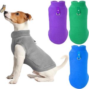 SATINIOR 4 Pieces Stretch Fleece Dog Sweater Polyester Warmer Vest Pullover Jacket with D-Ring Leash Cold Weather Coat Hoodie for Small and Medium Dogs(L,Gray, Green, Purple, Blue)
