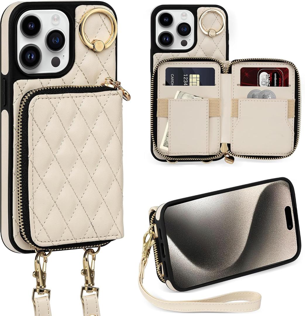Case for iPhone 15 Pro Max 6.7'' Wallet Case, Crossbody Zipper Purse Handbag Wristlet for Women, RFID Blocking Card Holders, 360 Ring Kickstand Flip Leather Cover for iPhone 15 Pro Max, Beige