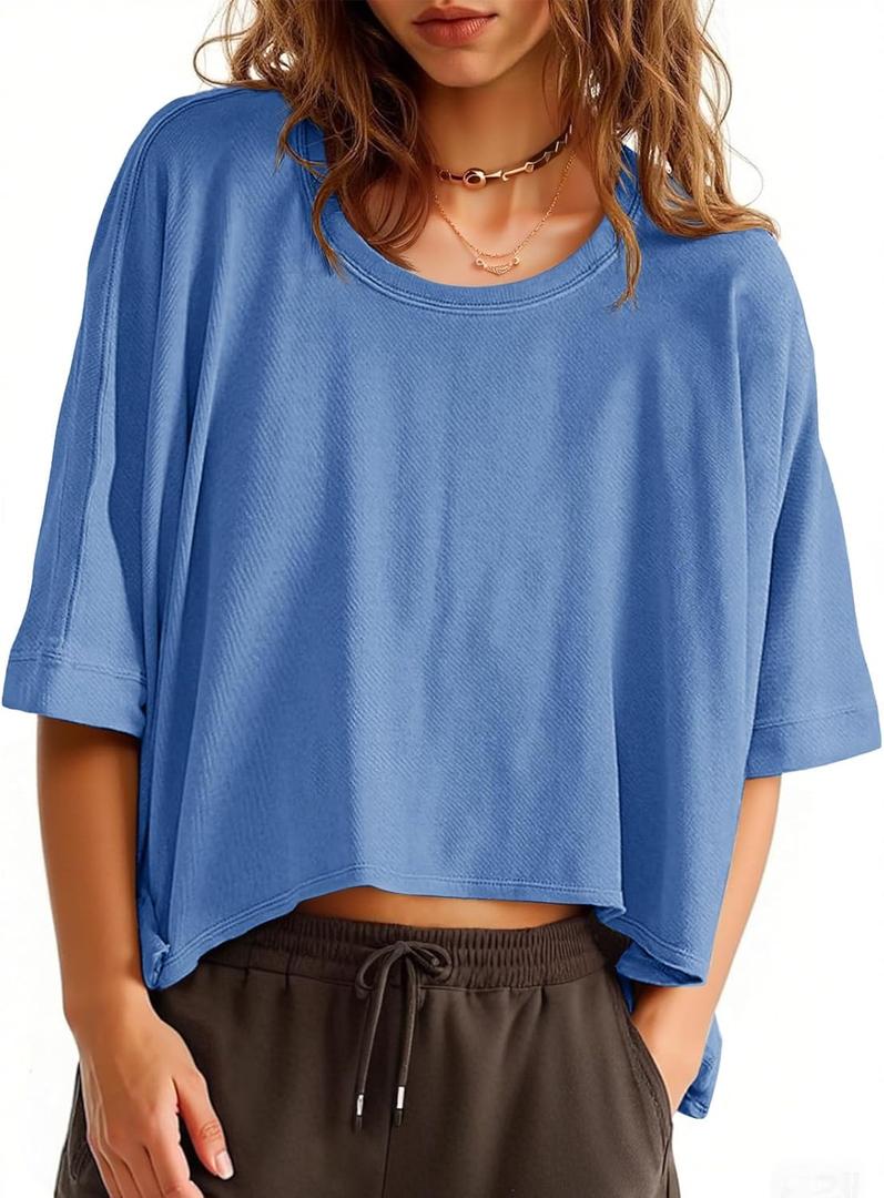 Tankaneo Womens Oversized T-Shirts Cropped Summer Casual Short Sleeve Loose Fit Tee Tops (Medium, Blue)