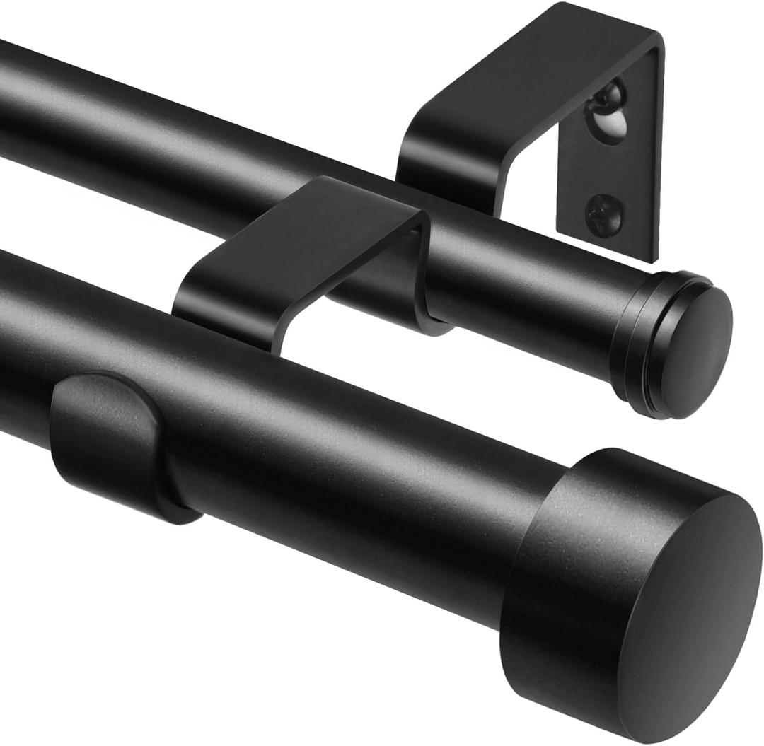 KAMANINA 1 Inch Double Curtain Rod 36 to 72 Inches (3-6 Feet), Black Heavy Duty Curtain Rods for Windows, Telescoping Double Drapery Rods with End Caps, Fewer Rods, Faster Setup