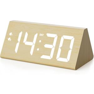 Wooden Digital Alarm Clock with Dual USB Charging Ports, DST, Dimmable, Snooze, Modern Large Time Display LED Clock for Kids Bedrooms, Living Room, Desk, Table, Bedside, Nightstand (Bamboo)