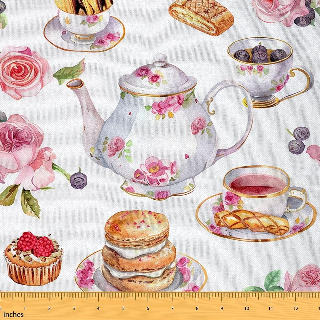 Feelyou Cherry Blossom Floral Fabric by The Yard, Watercolor Teacups Macaroon Cakes Theme Upholstery Fabric for Chairs and Home DIY Projects, Classic Decorative Waterproof Fabric, 2 Yards