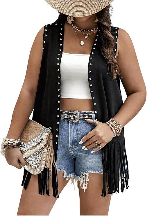 Verdusa Women's Plus Size Fringe Vest Faux Suede Rivets Sleeveless Tassel Jacket Western Cowgirl Outfits, 4XL, Black