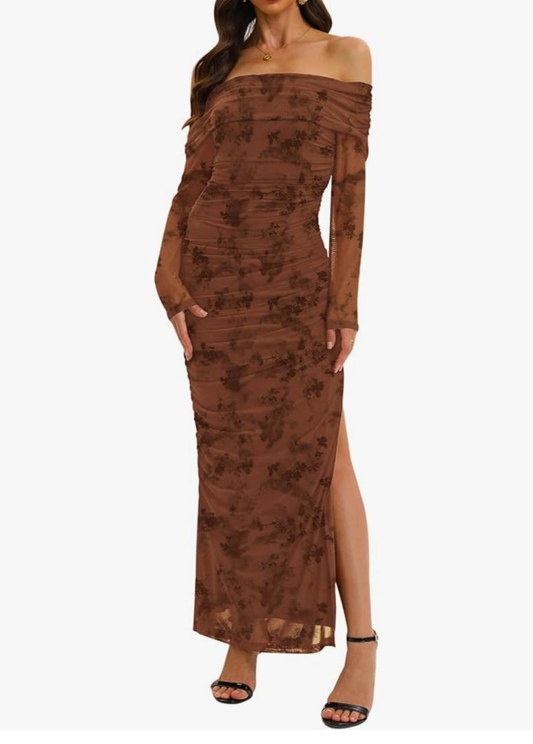 Relipop Women Off Shoulder Dress Long Sleeve Bodycon Mesh Ruched High Split Spring Formal Wedding Guest Maxi Dresses, Size L