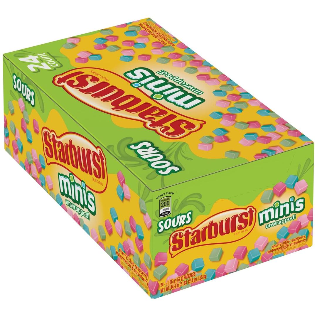 Starburst Sour Candy Minis Fruit Chews, 24 x 1.85 oz, Cherry, Blue Raspberry, Watermelon, and Strawberry Sour Fruity Candies
