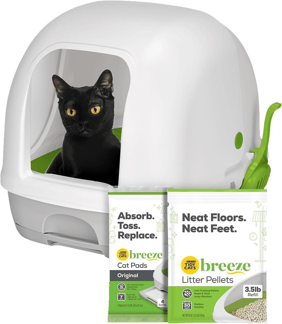 Purina Tidy Cats Hooded Litter Box System, BREEZE Hooded System Starter Kit Litter Box, Pellets & Pads (10.37 Pound (Pack of 1), White)