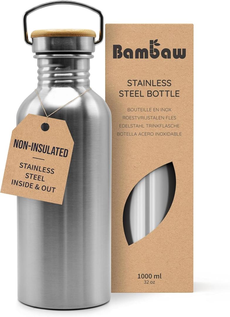 Bambaw Stainless Steel Water Bottles 32 oz, Non-insulated Single Wall Metal Water Bottle Stainless Steel, Reusable & Eco Friendly, Dishwasher Safe  Silver | Non-insulated, Single Wall, Metal Water Bottle, Reusable, Eco Friendly, Dishwasher Safe