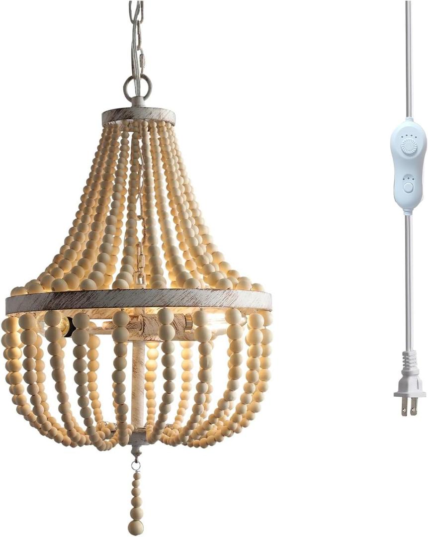 3-Light Mini Wood Beaded Bohemian Plug in Chandelier Dimmable and Timer Pendant Light Fixture with 16.4ft Swag Cord,Antique Metal Finish Natural Color Beads,Dining Room,Living Room,Foyer,Bedroom (White distressed)