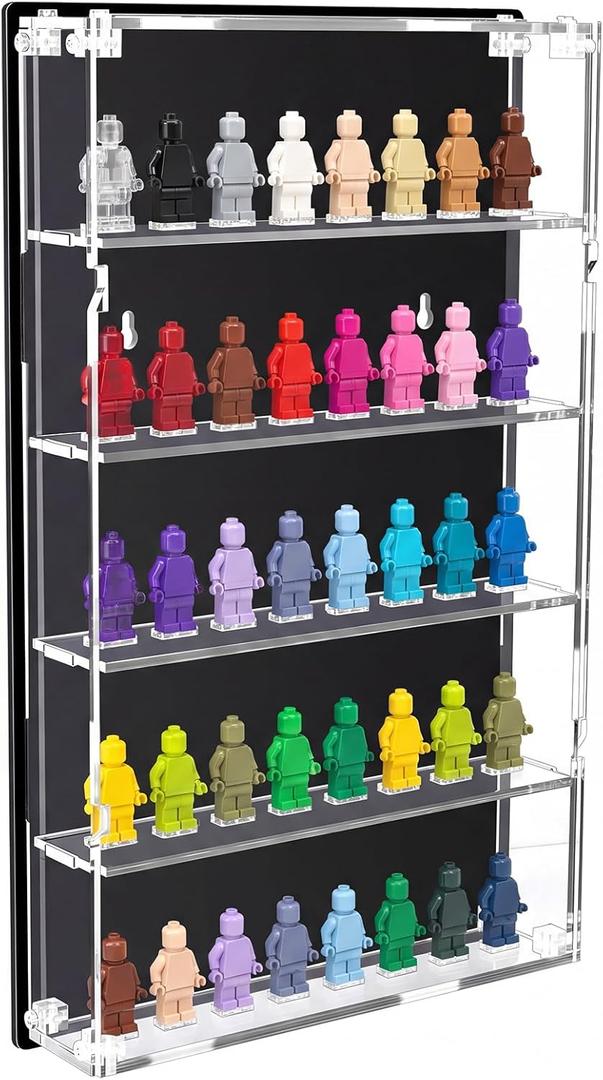 Lineshading Minifigures Display Case Mounted with Built in Stands for Mini Toys Clear Acrylic Showcase(5 Tier,40 Figurines)