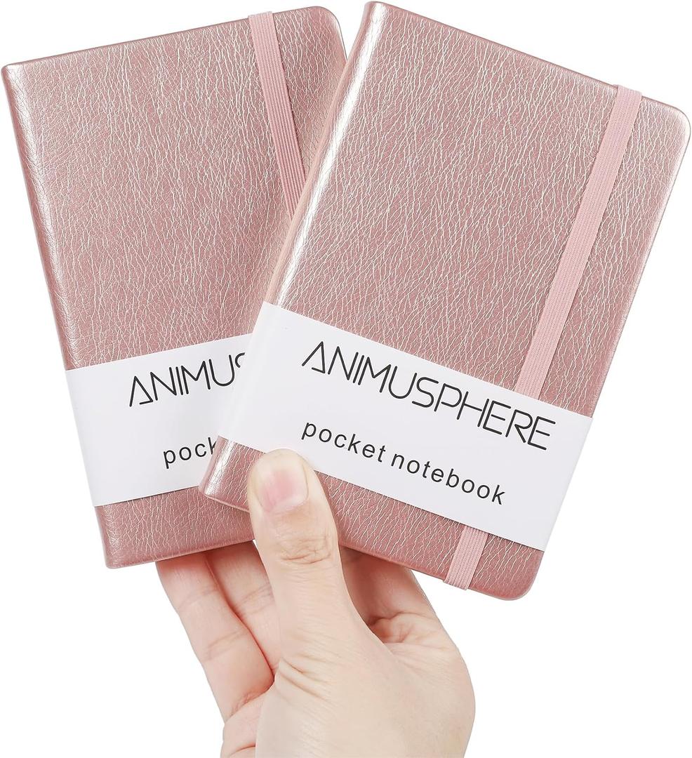 Animusphere 2Pack Pocket Notebook Small Notebook Journal Notebook 4 inches x 5.7 inches 200 Pages Leather Cover With Pen Holder Page Marker Ribbons (Rose Gold)