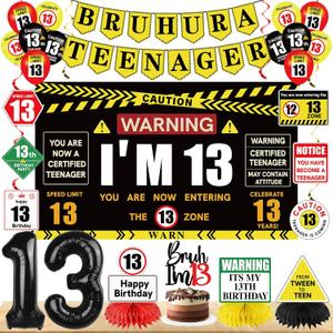 Kuxriox Happy 13th Birthday Decorations for Boys Girls, Bruh Ur A Teenager Birthday Banner, I'm 13 Bday Backdrop Balloons Cake Topper Party Supplies, Black Caution Themed Teenager 13 Years Old Sign