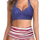 Tempt Me Women Two Piece Vintage Swimsuit Retro Halter Ruched High Waist Bikini with Bottom, Medium