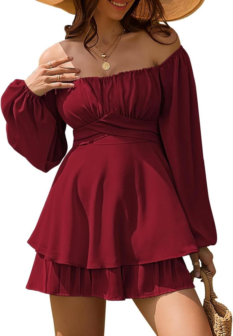 Linsery Womens Ruffle Long Sleeve Short Rompers Sexy Layered Tie Waist Chiffon One Piece Outfits Solid Jumpsuit (Medium, Z-ruby)
