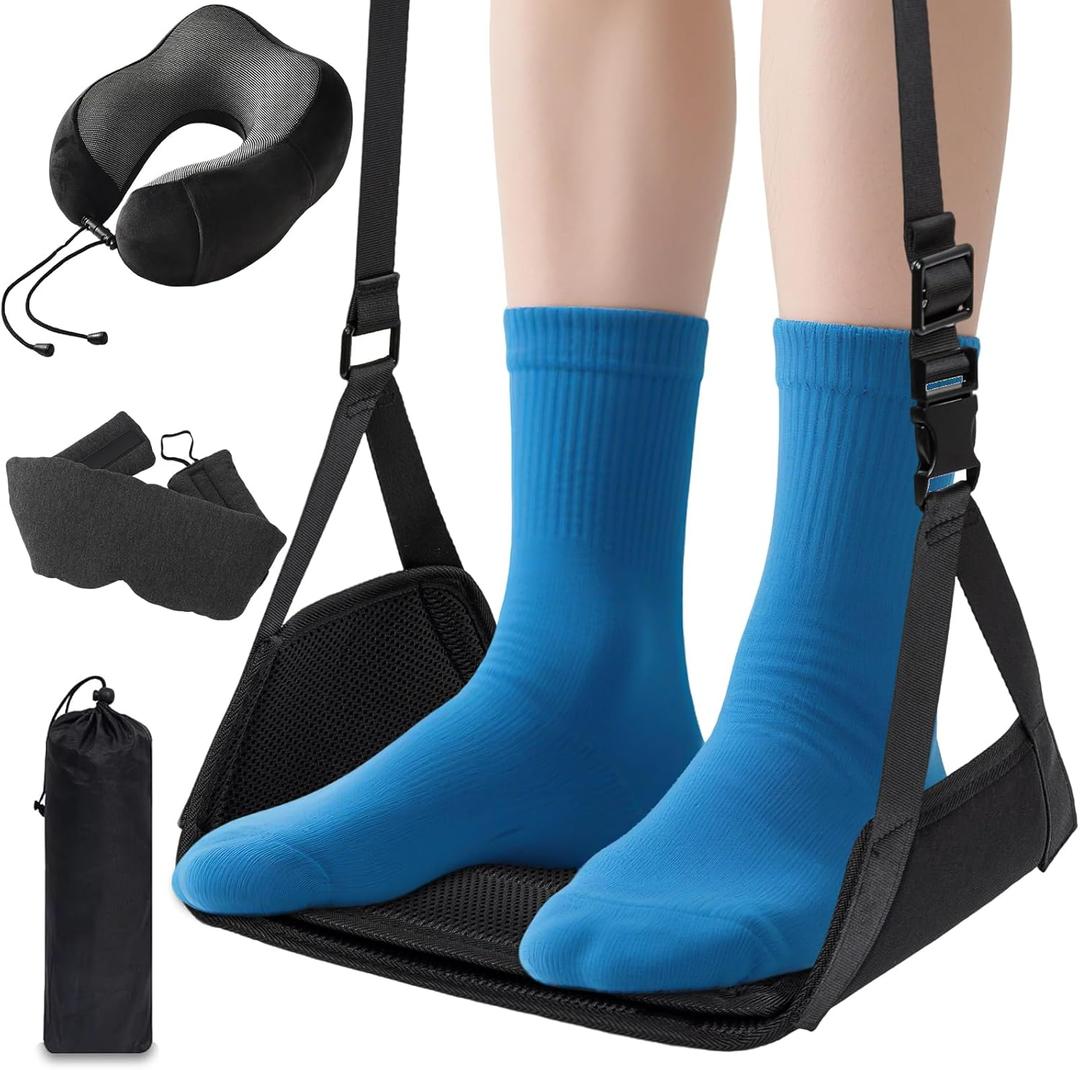 Airplane Foot Hammock for Plane Travel, Heavy-Duty Adjustable Foot Rest with Reinforced Metal Buckles, Ergonomic Bamboo Foot Hammock with Eye Mask & Neck Pillow, Portable Airplane Travel Essentials (Black-3pack)