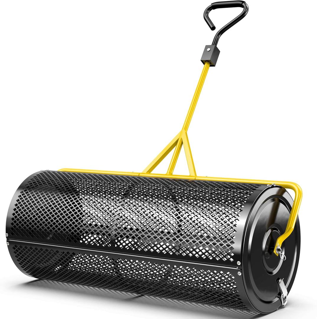 44 Inch Compost Spreader  Heavy Duty Push/Tow Peat Moss & Fertilizer Spreader with Steel Mesh Drum, Reinforced Center Rod, for Even Lawn Coverage & Garden Soil Care