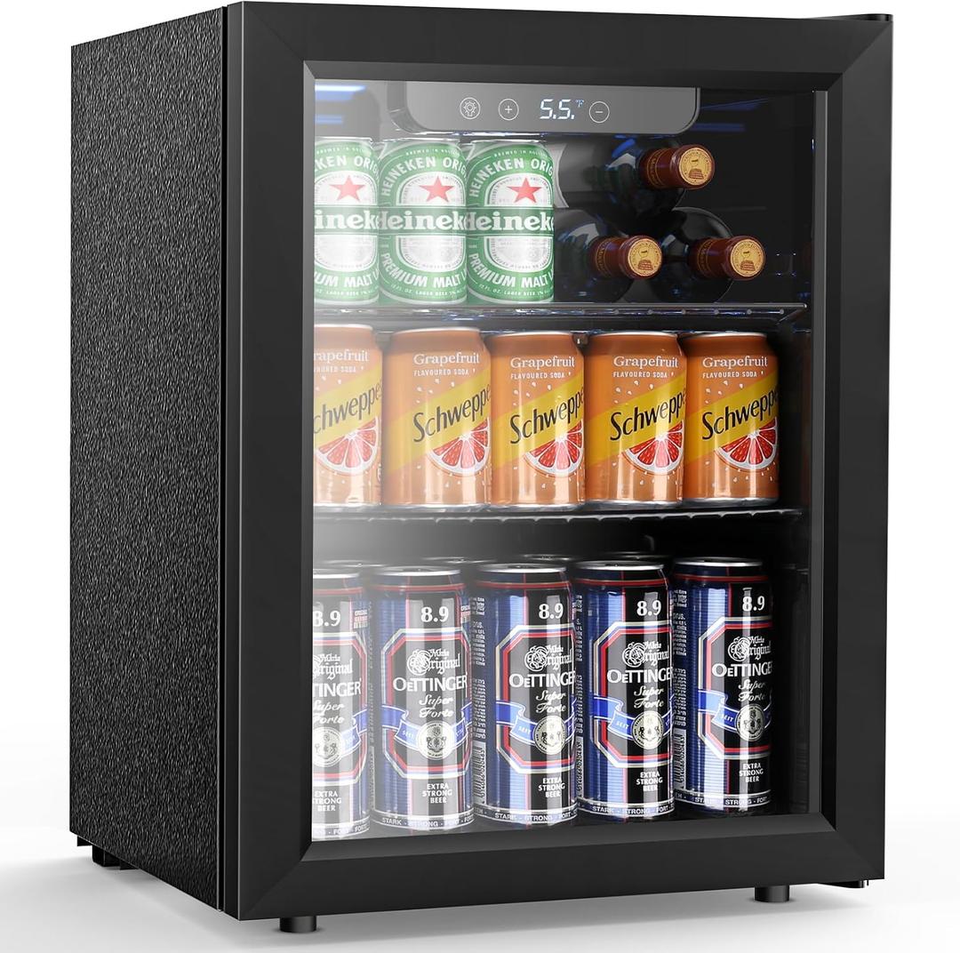 68 Cans Beverage Refrigerator Cooler, 1.7 cu.ft Mini Fridge Glass Door Drink Cooler for Beer, Soda,Wine, Digital Temperature Control for Home Office Bar (Black)
