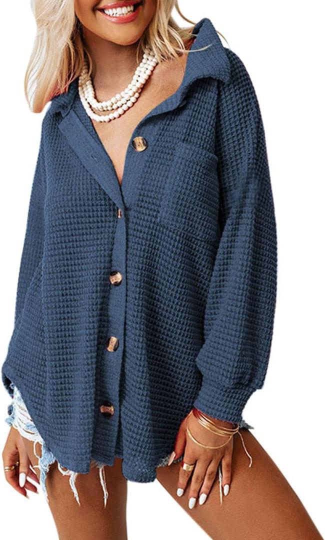Dokotoo Womens Blouses 2026 Fall Fashion V Neck Long Sleeve Button Down Waffle Knit Tops for Women Casual Loose Solid Jacket Outwear Shacket with Pockets Blue X-Large