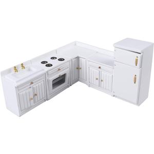 Dollhouse Kitchen Furniture Kit 1:12 Doll House Miniature Suite Wooden Kitchen Cabinet Fridge Set Dining Room for Miniature Dollhouse Furniture Scenes Accessories