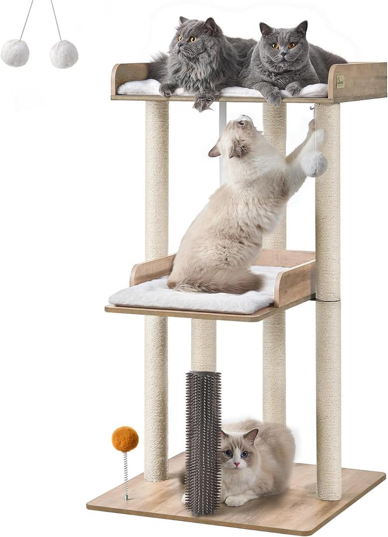 FourFurPets 43.7" Cat Tree, Modern Cat Tree Tower, Cat Tower for Indoor Cats Large Adult, Cat Condo with Scratching Post, Large Perch and Removable Pads, Greige (Gray)