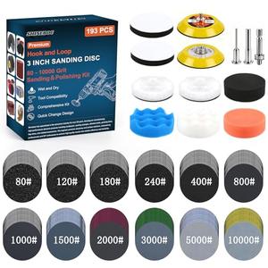 193Pcs 3 Inch Polishing Kit Hook and Loop Sanding Discs, Headlight Restoration Kit - 80 to 10000 Grits Wet Dry Sandpaper Buffing Sanding Pads with 1/4" 1/8" Shank, for Metal, Wood, Auto, Glass