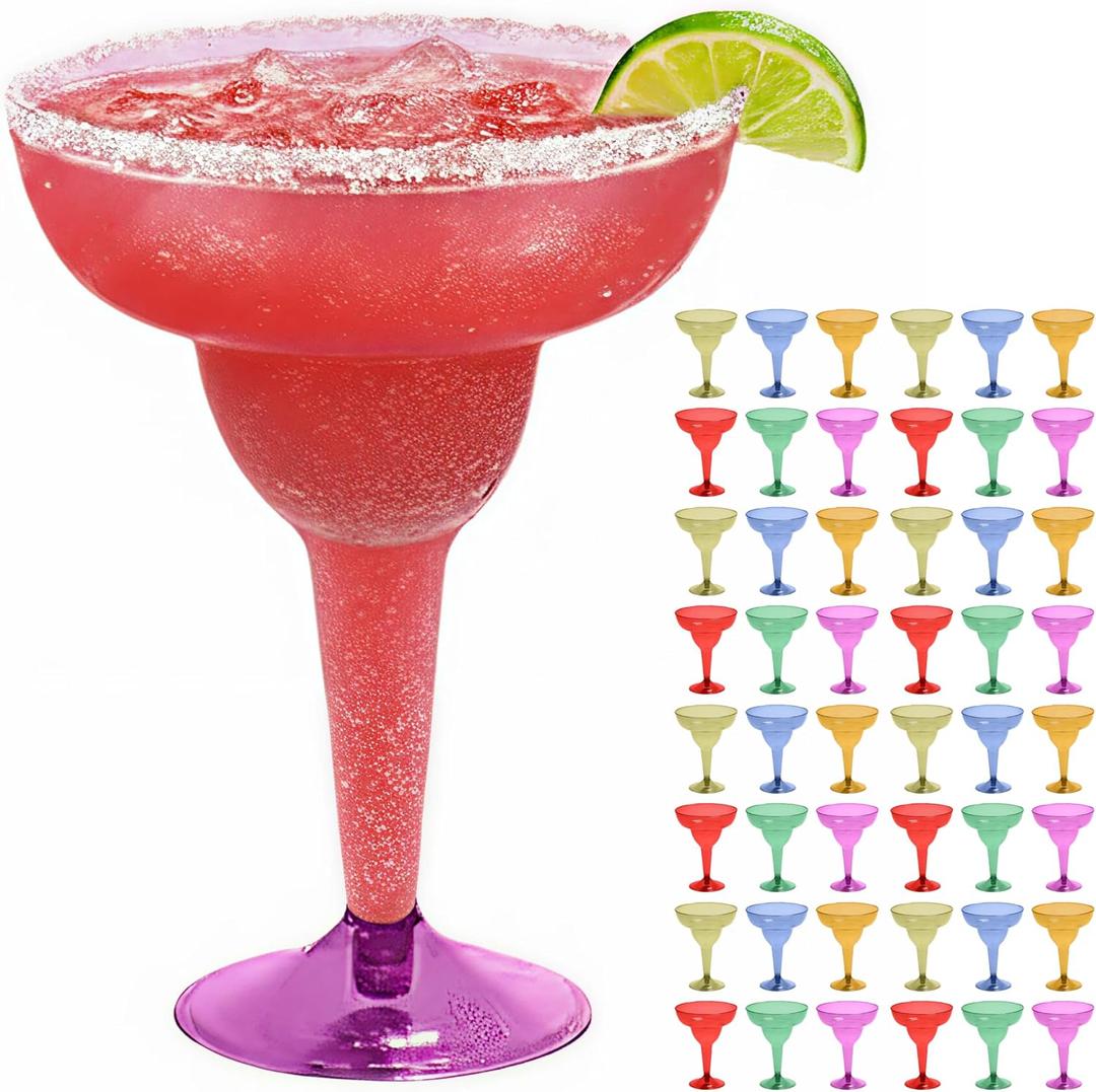 Prestee Multicolor Disposable 48 Plastic Margarita Glasses - 12 oz Hard Cocktail Cups for Cinco de Mayo Fiesta, Taco Party and Mexican Decorations - Fiesta Party Decorations - Large (Pack of 48)