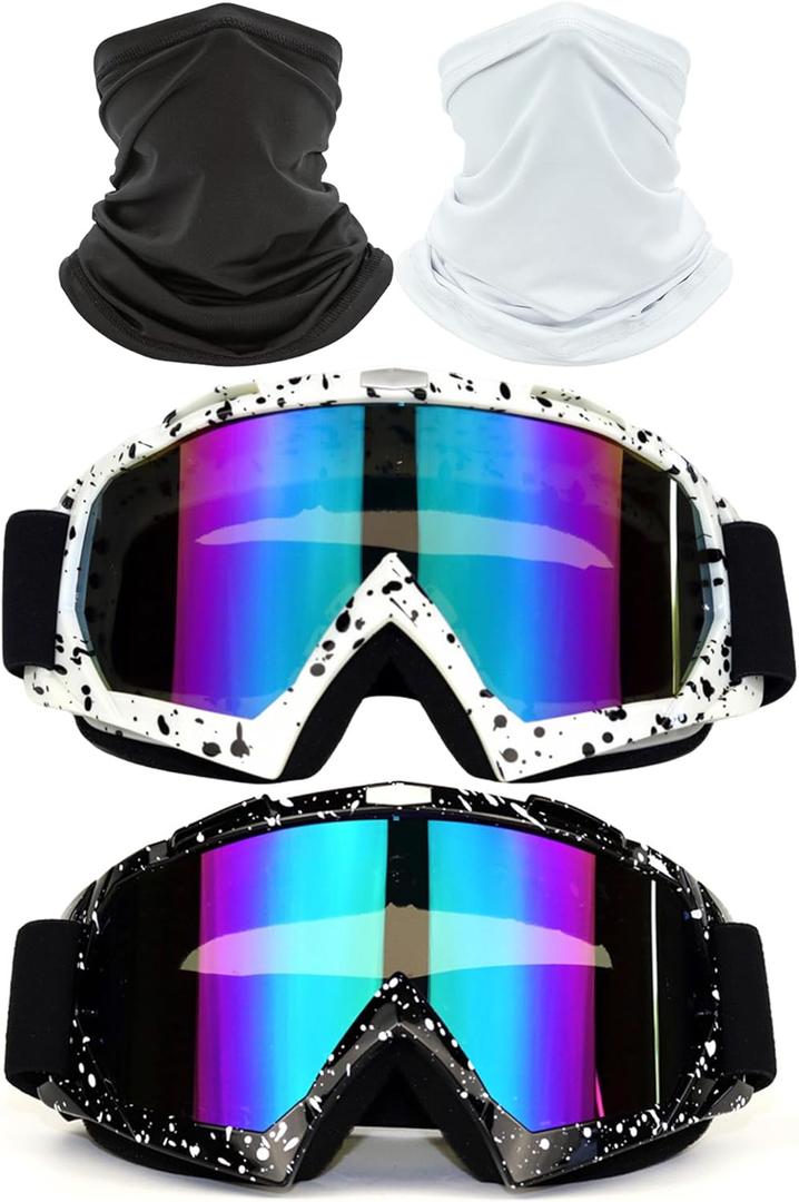4Pcs Motorcycle Dirt Bike Goggles with Face Cover, Windproof Dustproof ATV Racing Ski Goggles Safety Glasses (Black White + Colorful Lens + Solid Mask)