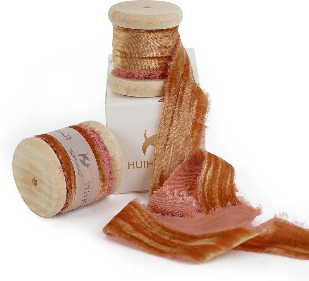 2 x HUIHUANG Cinnamon Velvet Ribbon 1 inch Frayed Velvet Ribbon Orange Crinkled Silk Velvet Ribbons for Ornaments Crafts, Christmas Tree Decoration, Fall Decor, Wreaths, Gift Wrapping, Flower Bouquet