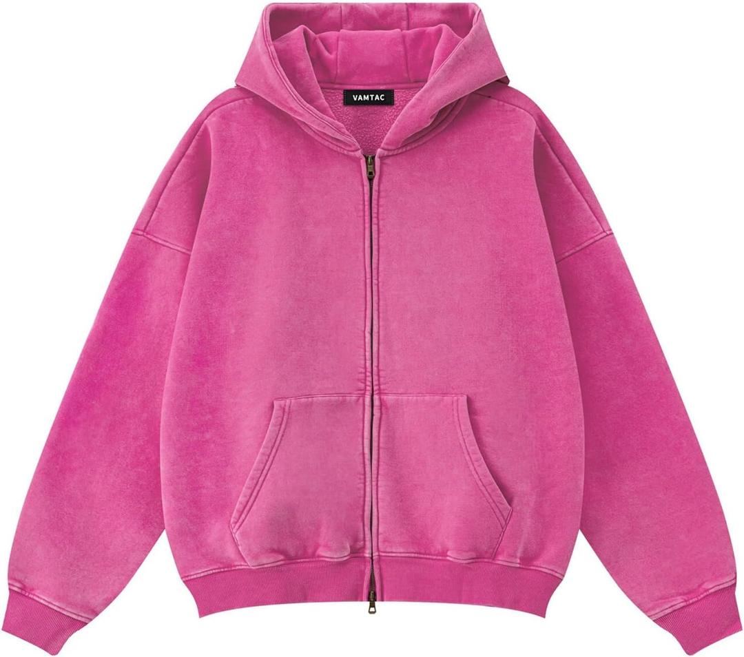 Vamtac Fleece Hoodies Double Zip Up Hooded Sweatshirt Oversized Heavyweight Vintage Acid Wash Hoodie Full Zipper Tops (Medium, Rose Pink)