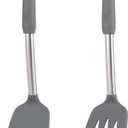 Pack of 2 Non Stick Solid & Slotted Silicone Spatula Set, Heat Resistant Silicone Turners for Fish,Eggs,Pancakes (Black Grey)