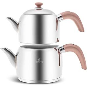 Karaca Edge Stainless Steel Induction Teapot Set, Small Turkish Teapot Set, 2.2 Qt (2.1 Liters) Total Capacity Stackable Tea Maker, Compatible with Induction, Silver & Rose Gold